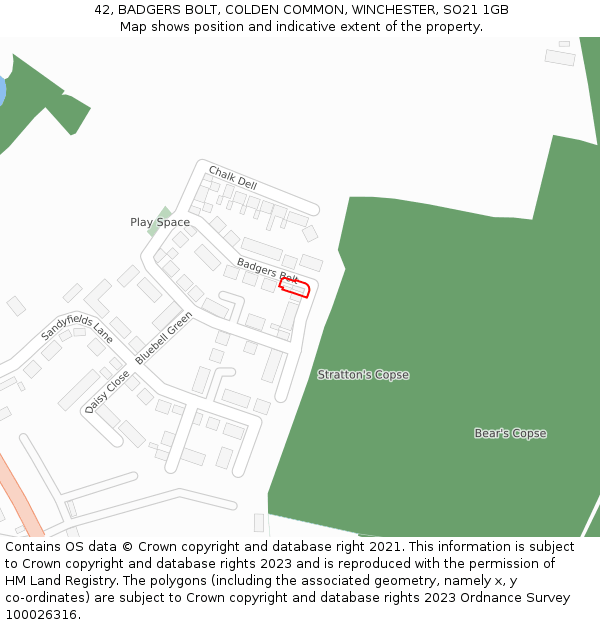 42, BADGERS BOLT, COLDEN COMMON, WINCHESTER, SO21 1GB: Location map and indicative extent of plot