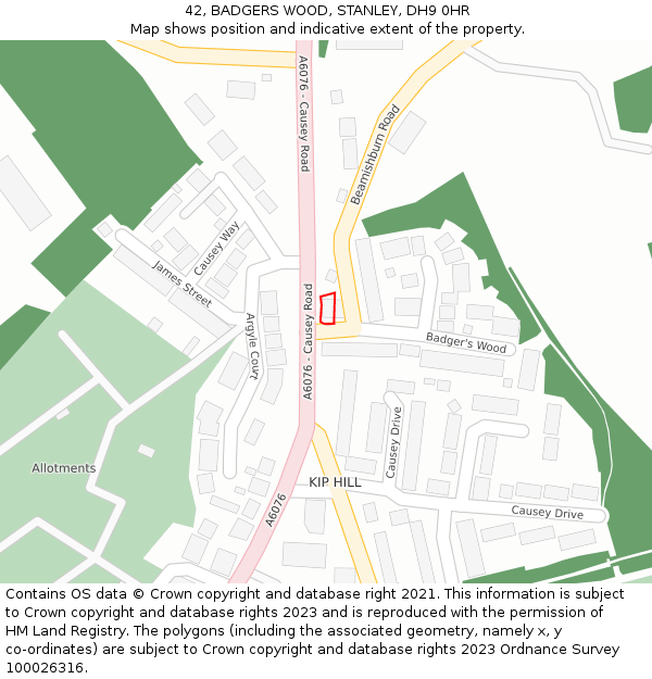 42, BADGERS WOOD, STANLEY, DH9 0HR: Location map and indicative extent of plot