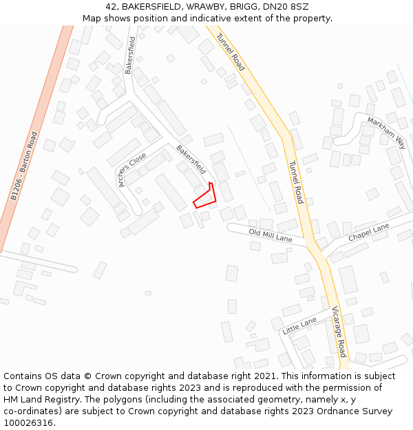 42, BAKERSFIELD, WRAWBY, BRIGG, DN20 8SZ: Location map and indicative extent of plot