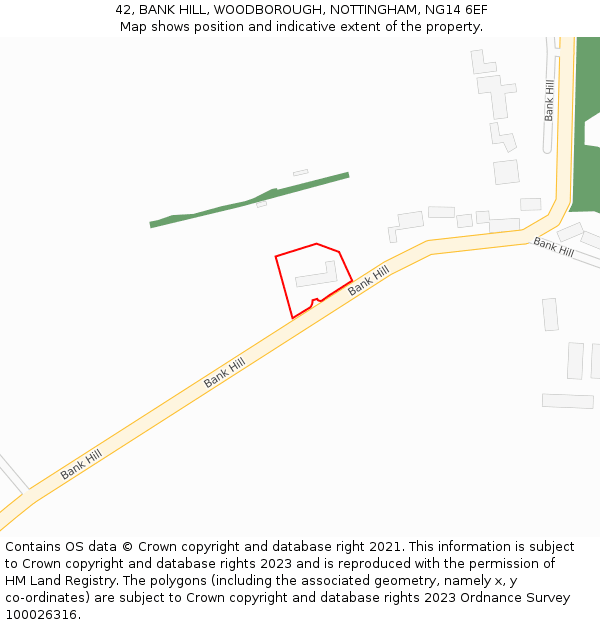 42, BANK HILL, WOODBOROUGH, NOTTINGHAM, NG14 6EF: Location map and indicative extent of plot