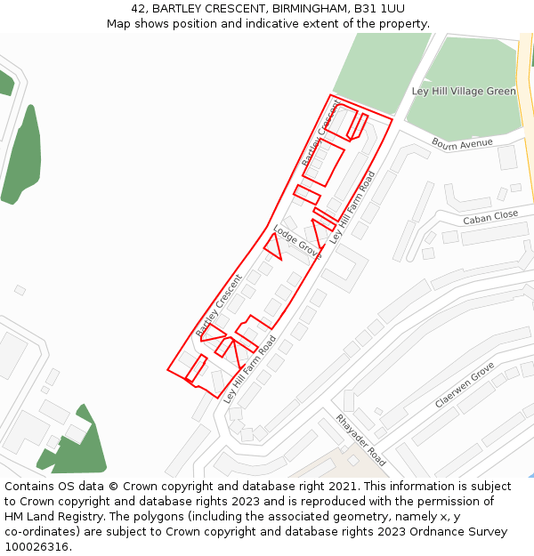 42, BARTLEY CRESCENT, BIRMINGHAM, B31 1UU: Location map and indicative extent of plot