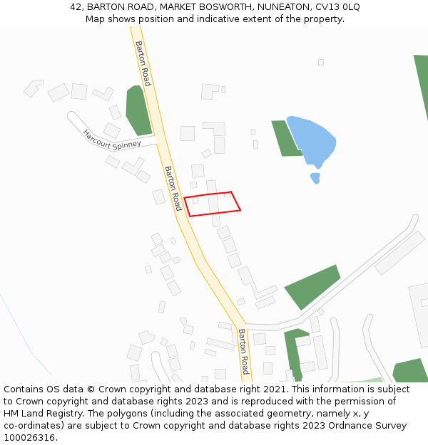 42, BARTON ROAD, MARKET BOSWORTH, NUNEATON, CV13 0LQ: Location map and indicative extent of plot