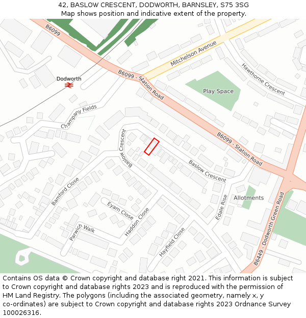 42, BASLOW CRESCENT, DODWORTH, BARNSLEY, S75 3SG: Location map and indicative extent of plot