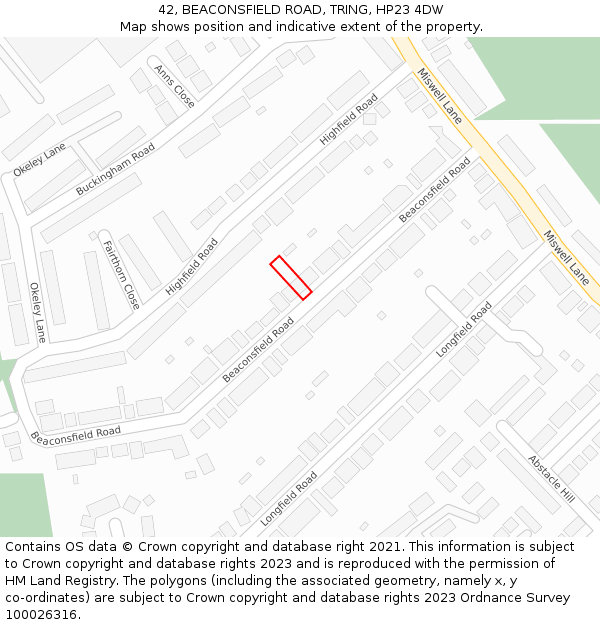 42, BEACONSFIELD ROAD, TRING, HP23 4DW: Location map and indicative extent of plot