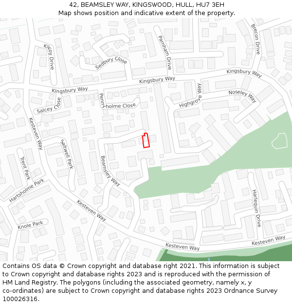 42, BEAMSLEY WAY, KINGSWOOD, HULL, HU7 3EH: Location map and indicative extent of plot