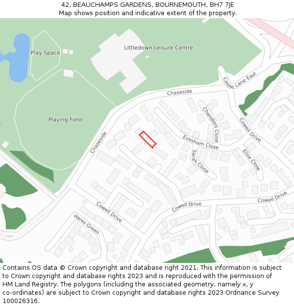 42, BEAUCHAMPS GARDENS, BOURNEMOUTH, BH7 7JE: Location map and indicative extent of plot