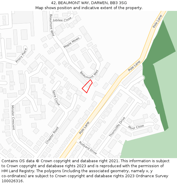 42, BEAUMONT WAY, DARWEN, BB3 3SG: Location map and indicative extent of plot