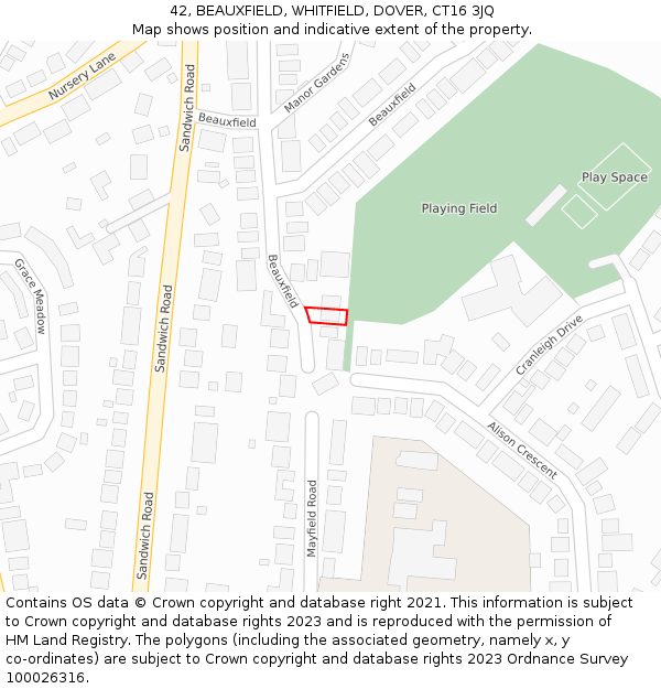 42, BEAUXFIELD, WHITFIELD, DOVER, CT16 3JQ: Location map and indicative extent of plot