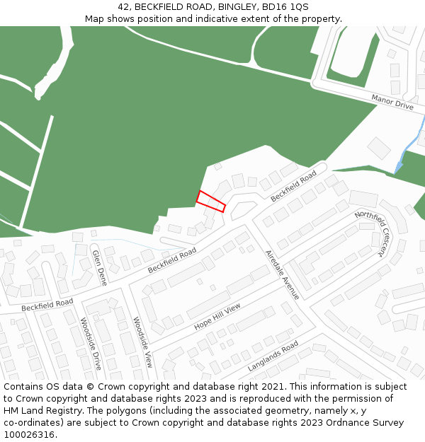 42, BECKFIELD ROAD, BINGLEY, BD16 1QS: Location map and indicative extent of plot