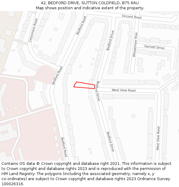 42, BEDFORD DRIVE, SUTTON COLDFIELD, B75 6AU: Location map and indicative extent of plot