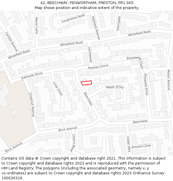 42, BEECHWAY, PENWORTHAM, PRESTON, PR1 0XS: Location map and indicative extent of plot