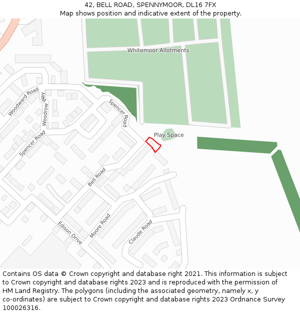 42, BELL ROAD, SPENNYMOOR, DL16 7FX: Location map and indicative extent of plot