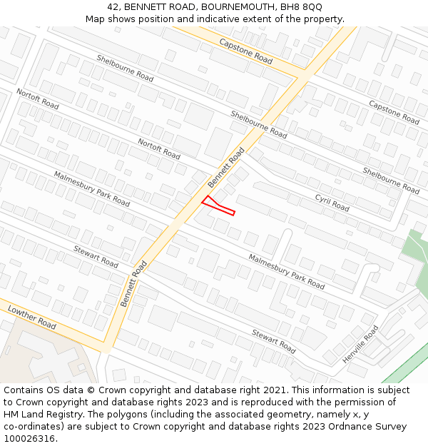 42, BENNETT ROAD, BOURNEMOUTH, BH8 8QQ: Location map and indicative extent of plot