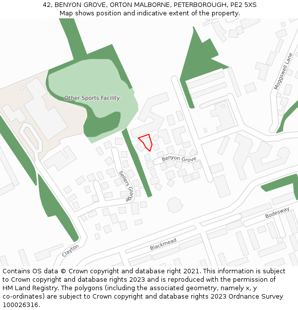 42, BENYON GROVE, ORTON MALBORNE, PETERBOROUGH, PE2 5XS: Location map and indicative extent of plot