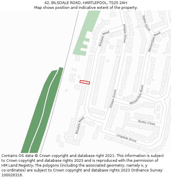 42, BILSDALE ROAD, HARTLEPOOL, TS25 2AH: Location map and indicative extent of plot