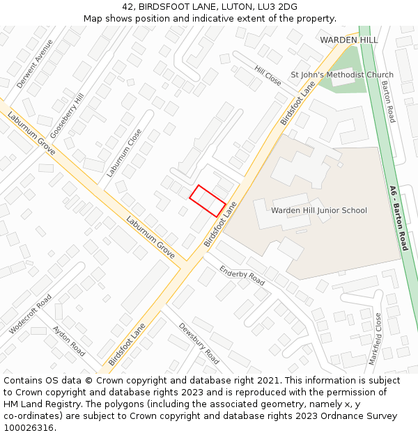 42, BIRDSFOOT LANE, LUTON, LU3 2DG: Location map and indicative extent of plot