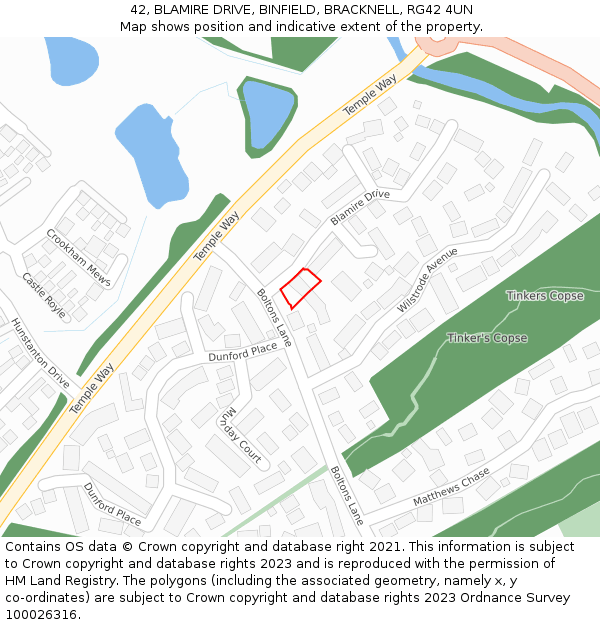 42, BLAMIRE DRIVE, BINFIELD, BRACKNELL, RG42 4UN: Location map and indicative extent of plot