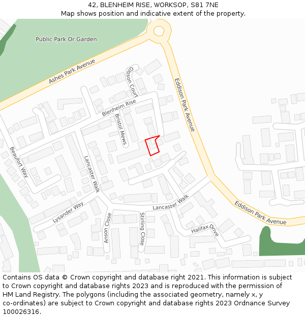 42, BLENHEIM RISE, WORKSOP, S81 7NE: Location map and indicative extent of plot