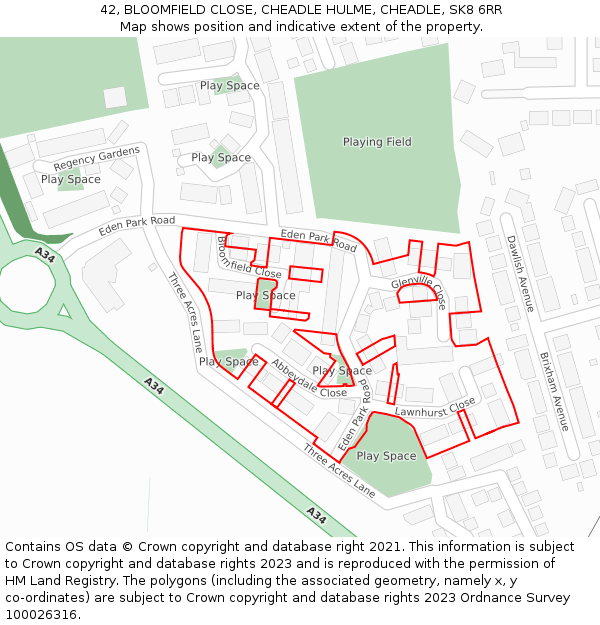 42, BLOOMFIELD CLOSE, CHEADLE HULME, CHEADLE, SK8 6RR: Location map and indicative extent of plot