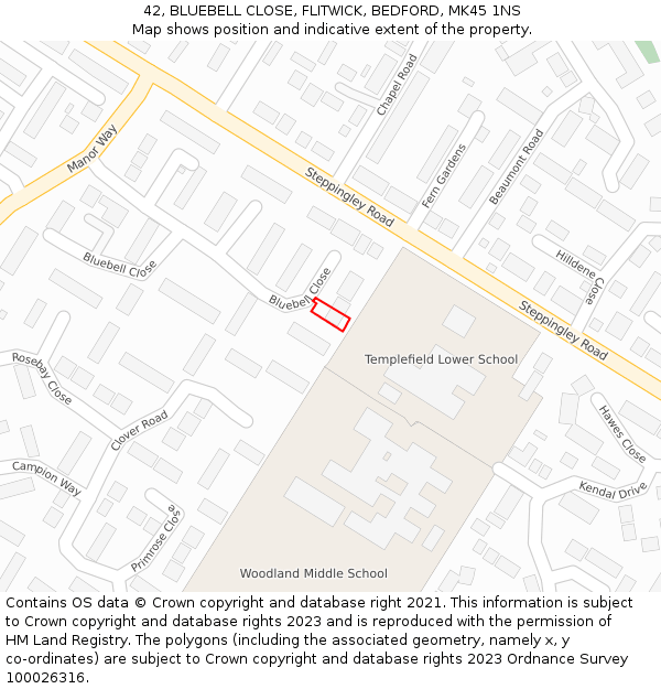 42, BLUEBELL CLOSE, FLITWICK, BEDFORD, MK45 1NS: Location map and indicative extent of plot