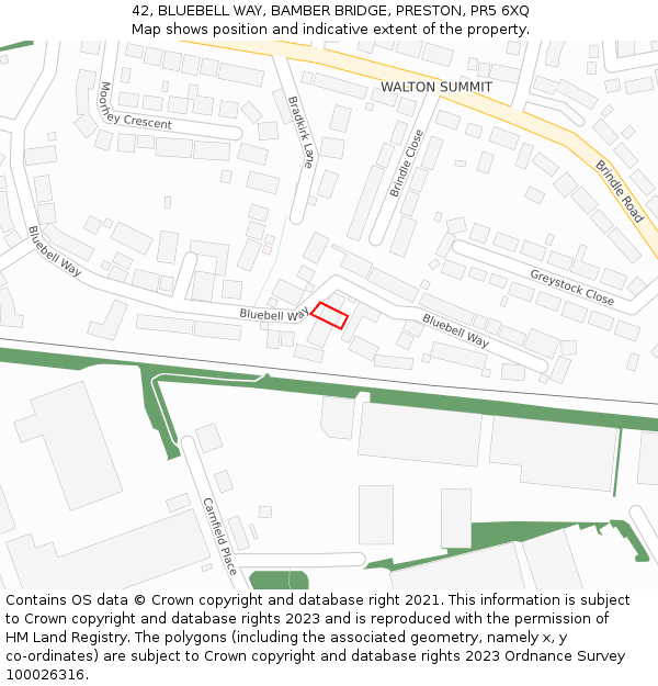 42, BLUEBELL WAY, BAMBER BRIDGE, PRESTON, PR5 6XQ: Location map and indicative extent of plot