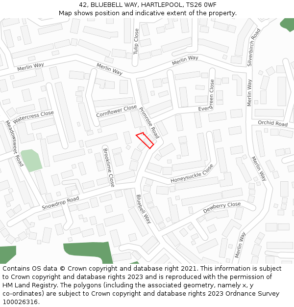 42, BLUEBELL WAY, HARTLEPOOL, TS26 0WF: Location map and indicative extent of plot
