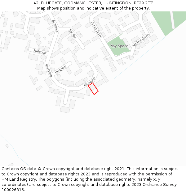 42, BLUEGATE, GODMANCHESTER, HUNTINGDON, PE29 2EZ: Location map and indicative extent of plot