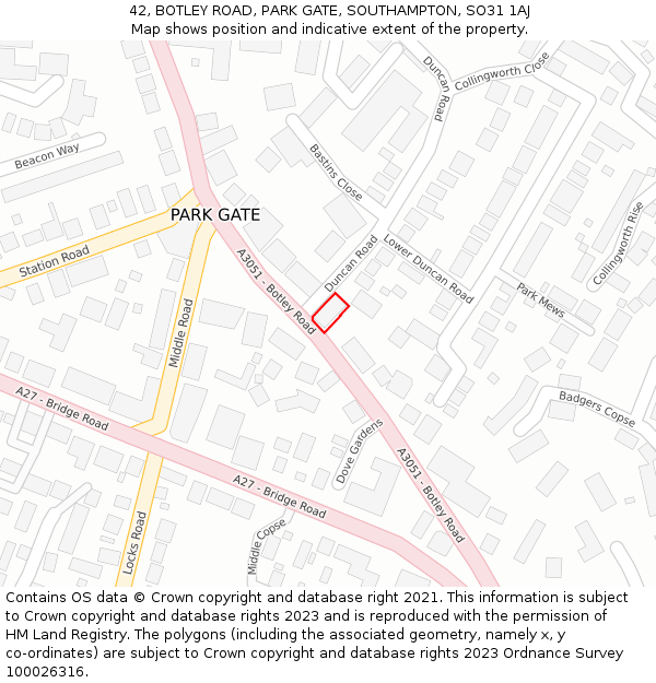 42, BOTLEY ROAD, PARK GATE, SOUTHAMPTON, SO31 1AJ: Location map and indicative extent of plot