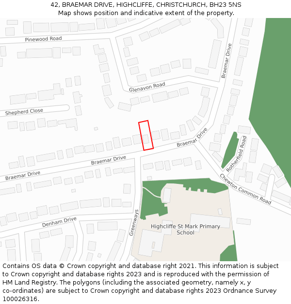 42, BRAEMAR DRIVE, HIGHCLIFFE, CHRISTCHURCH, BH23 5NS: Location map and indicative extent of plot