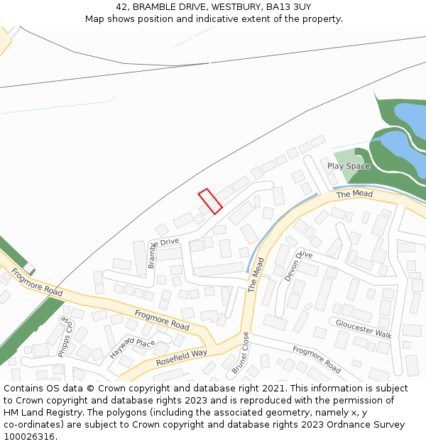 42, BRAMBLE DRIVE, WESTBURY, BA13 3UY: Location map and indicative extent of plot