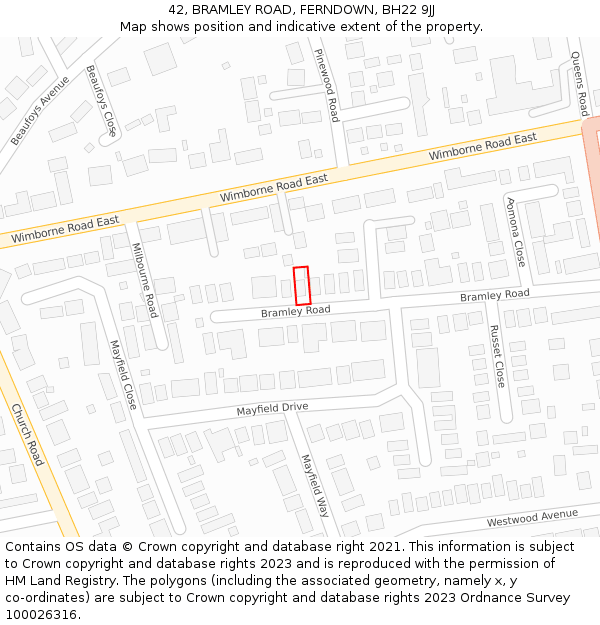 42, BRAMLEY ROAD, FERNDOWN, BH22 9JJ: Location map and indicative extent of plot