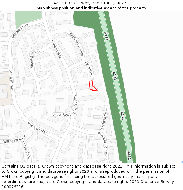 42, BRIDPORT WAY, BRAINTREE, CM7 9FJ: Location map and indicative extent of plot