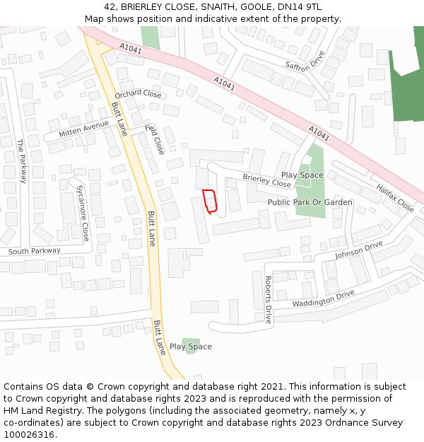 42, BRIERLEY CLOSE, SNAITH, GOOLE, DN14 9TL: Location map and indicative extent of plot