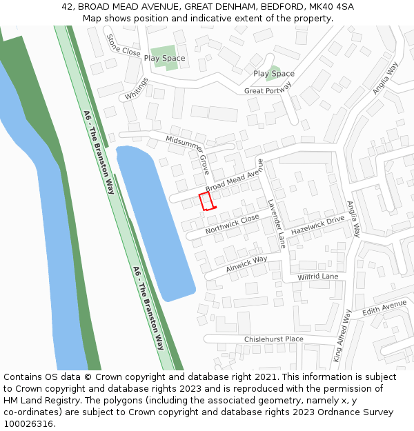 42, BROAD MEAD AVENUE, GREAT DENHAM, BEDFORD, MK40 4SA: Location map and indicative extent of plot