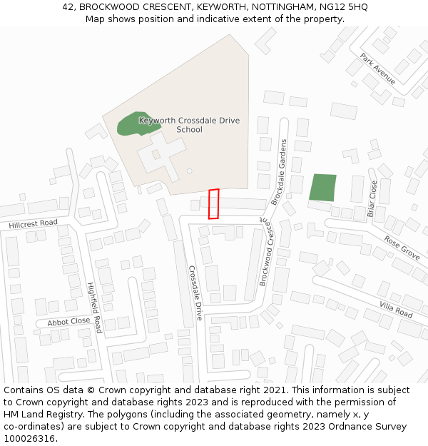 42, BROCKWOOD CRESCENT, KEYWORTH, NOTTINGHAM, NG12 5HQ: Location map and indicative extent of plot