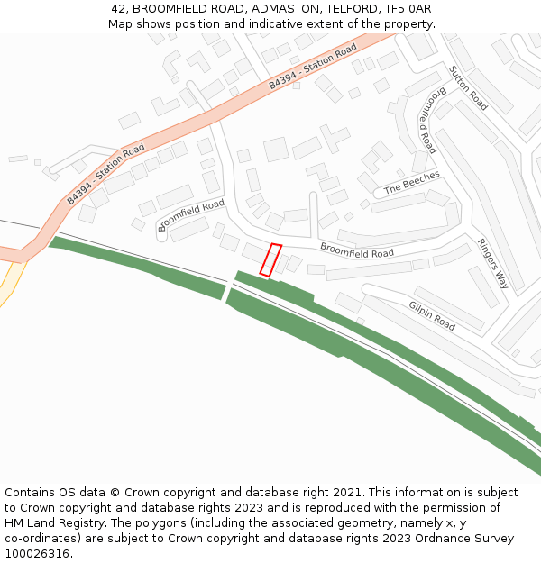 42, BROOMFIELD ROAD, ADMASTON, TELFORD, TF5 0AR: Location map and indicative extent of plot