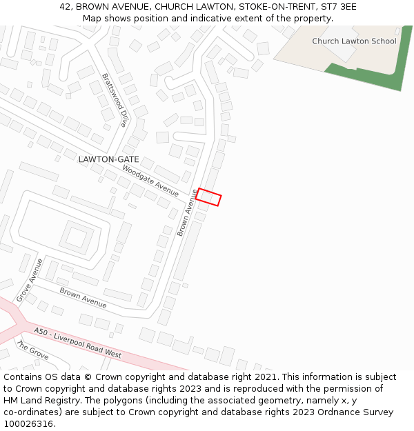 42, BROWN AVENUE, CHURCH LAWTON, STOKE-ON-TRENT, ST7 3EE: Location map and indicative extent of plot