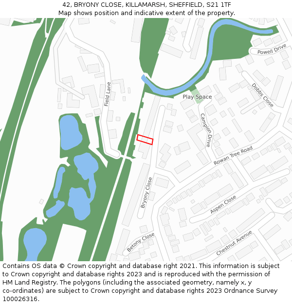 42, BRYONY CLOSE, KILLAMARSH, SHEFFIELD, S21 1TF: Location map and indicative extent of plot