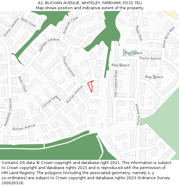 42, BUCHAN AVENUE, WHITELEY, FAREHAM, PO15 7EU: Location map and indicative extent of plot