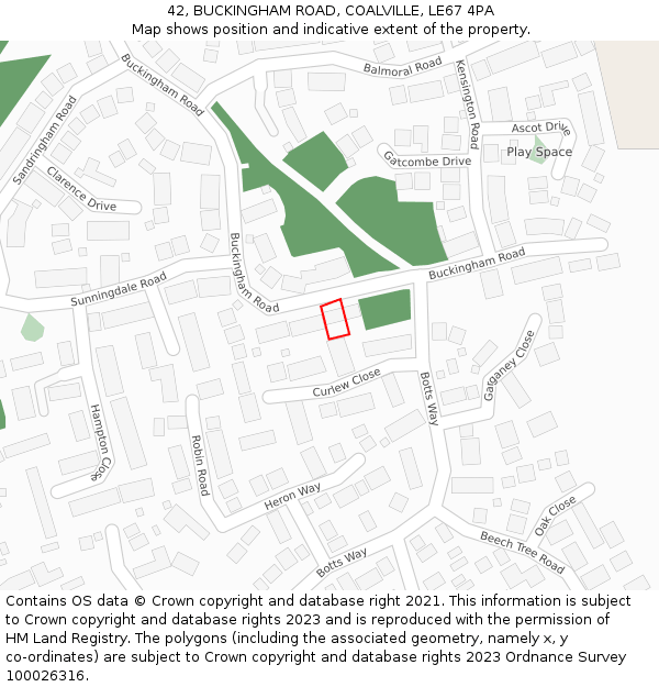 42, BUCKINGHAM ROAD, COALVILLE, LE67 4PA: Location map and indicative extent of plot