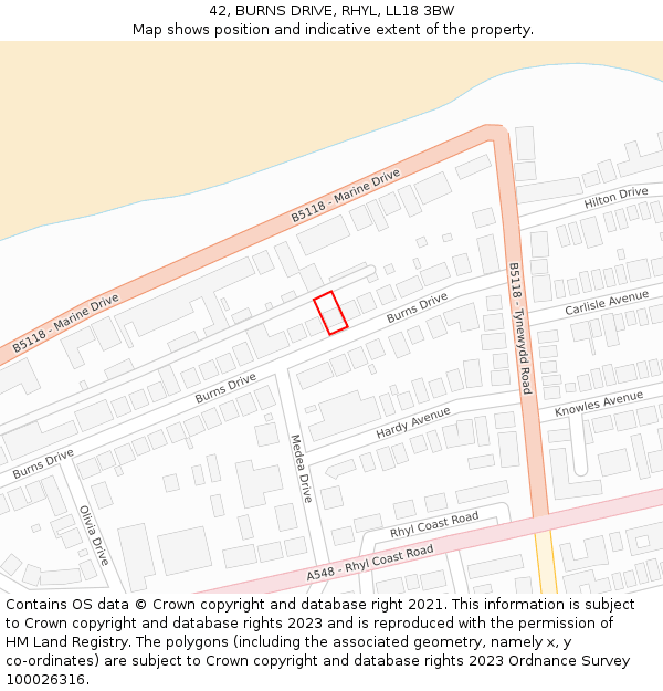 42, BURNS DRIVE, RHYL, LL18 3BW: Location map and indicative extent of plot