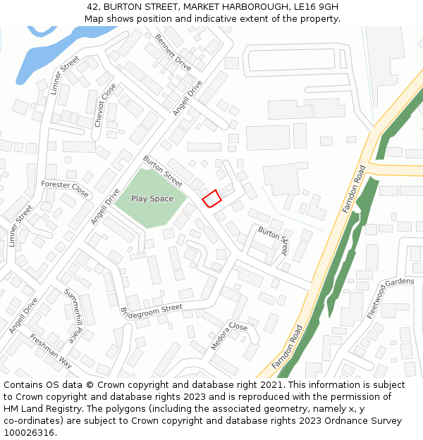 42, BURTON STREET, MARKET HARBOROUGH, LE16 9GH: Location map and indicative extent of plot