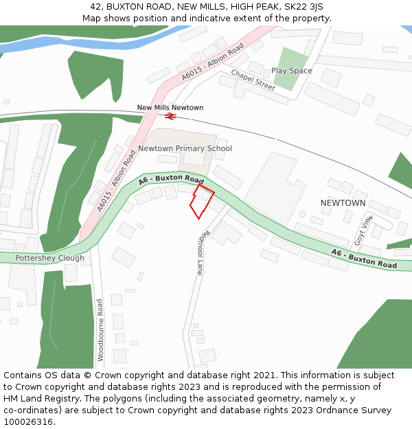 42, BUXTON ROAD, NEW MILLS, HIGH PEAK, SK22 3JS: Location map and indicative extent of plot