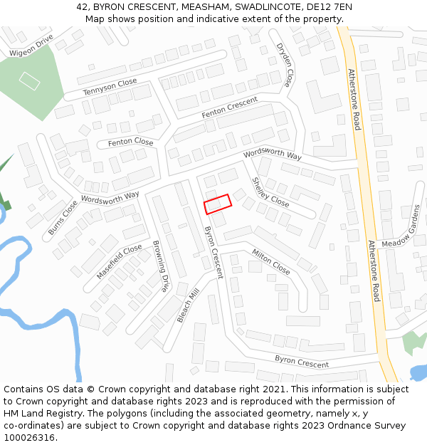 42, BYRON CRESCENT, MEASHAM, SWADLINCOTE, DE12 7EN: Location map and indicative extent of plot