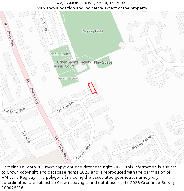 42, CANON GROVE, YARM, TS15 9XE: Location map and indicative extent of plot