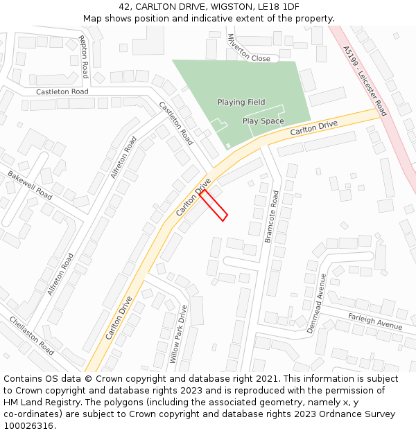 42, CARLTON DRIVE, WIGSTON, LE18 1DF: Location map and indicative extent of plot