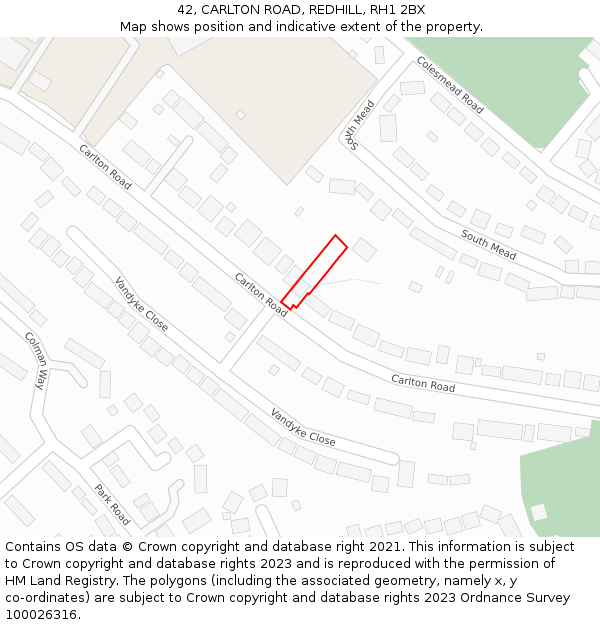 42, CARLTON ROAD, REDHILL, RH1 2BX: Location map and indicative extent of plot