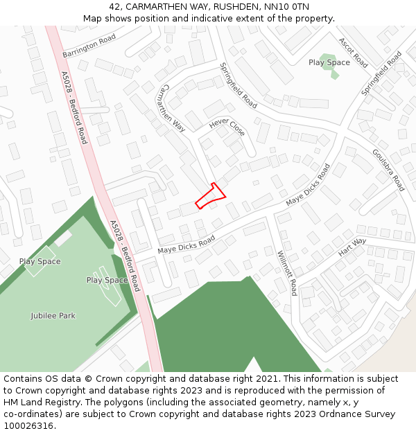 42, CARMARTHEN WAY, RUSHDEN, NN10 0TN: Location map and indicative extent of plot