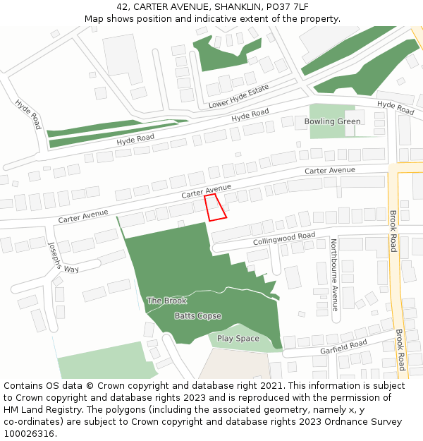 42, CARTER AVENUE, SHANKLIN, PO37 7LF: Location map and indicative extent of plot