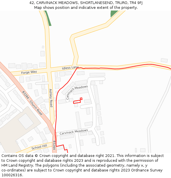 42, CARVINACK MEADOWS, SHORTLANESEND, TRURO, TR4 9FJ: Location map and indicative extent of plot